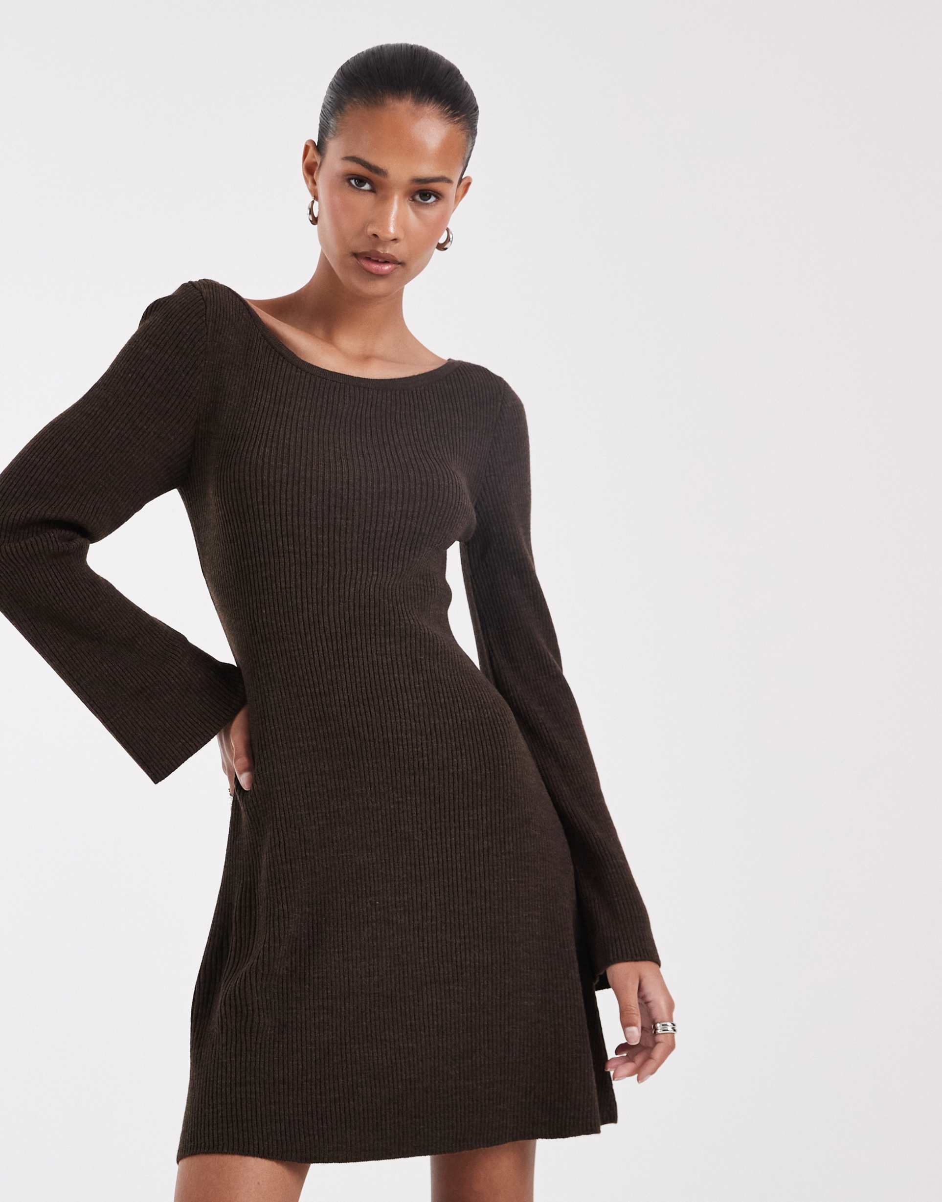 only knitted skater mini dress in brown