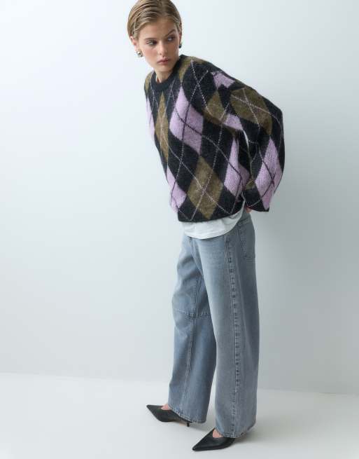 ONLY knitted sweater in khaki argyle, 2 of 4