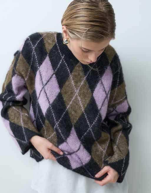 ONLY knitted sweater in khaki argyle, 3 of 4