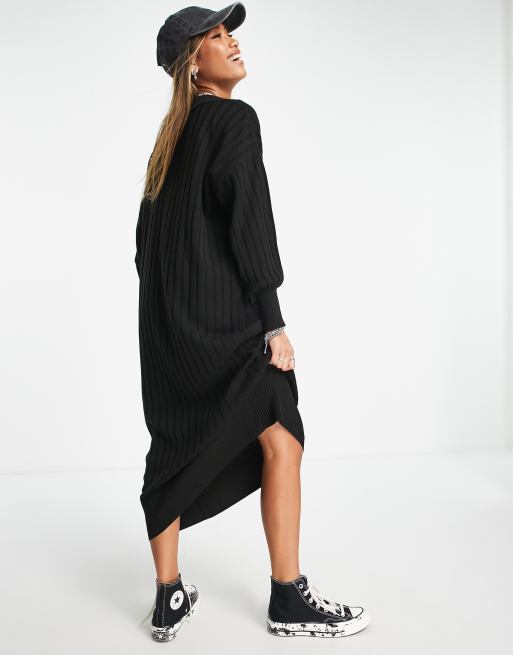 only knitted v neck maxi dress in black