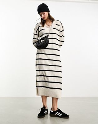 ONLY knitted v neck maxi dress in cream and black stripe