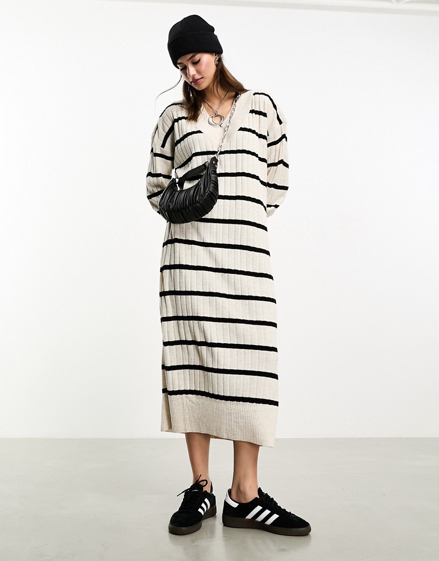 ONLY knitted v neck maxi dress in cream and black stripe-White