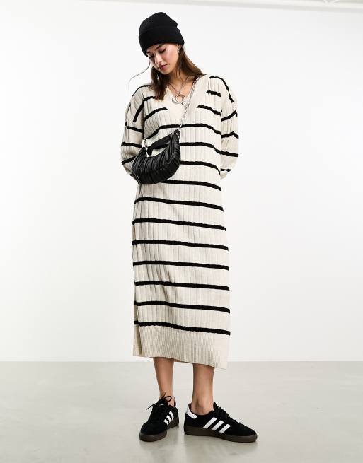 Only knitted v neck maxi dress in cream and black stripe 