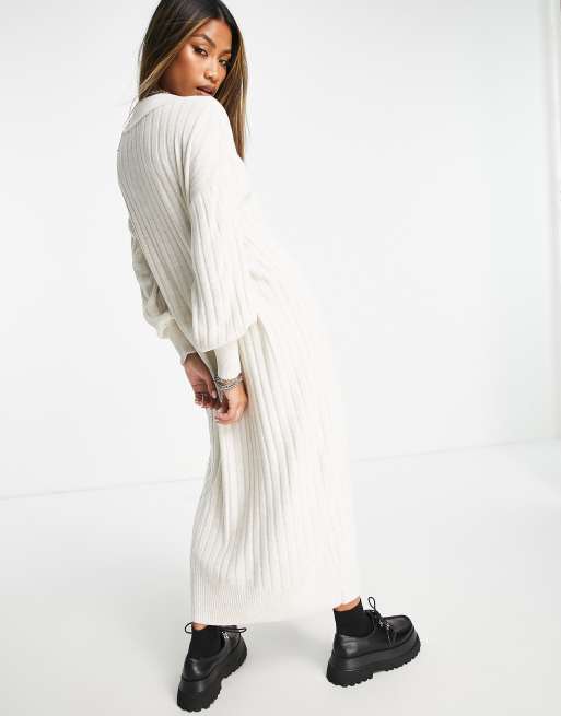 ASOS DESIGN knitted maxi jumper dress in cable in oatmeal