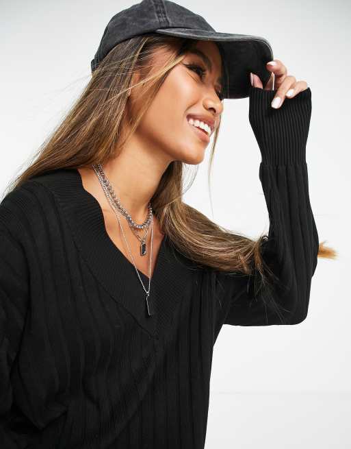 ONLY knitted v neck midaxi dress in black 