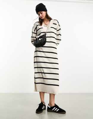 knitted v neck midaxi dress in cream and black stripe-White