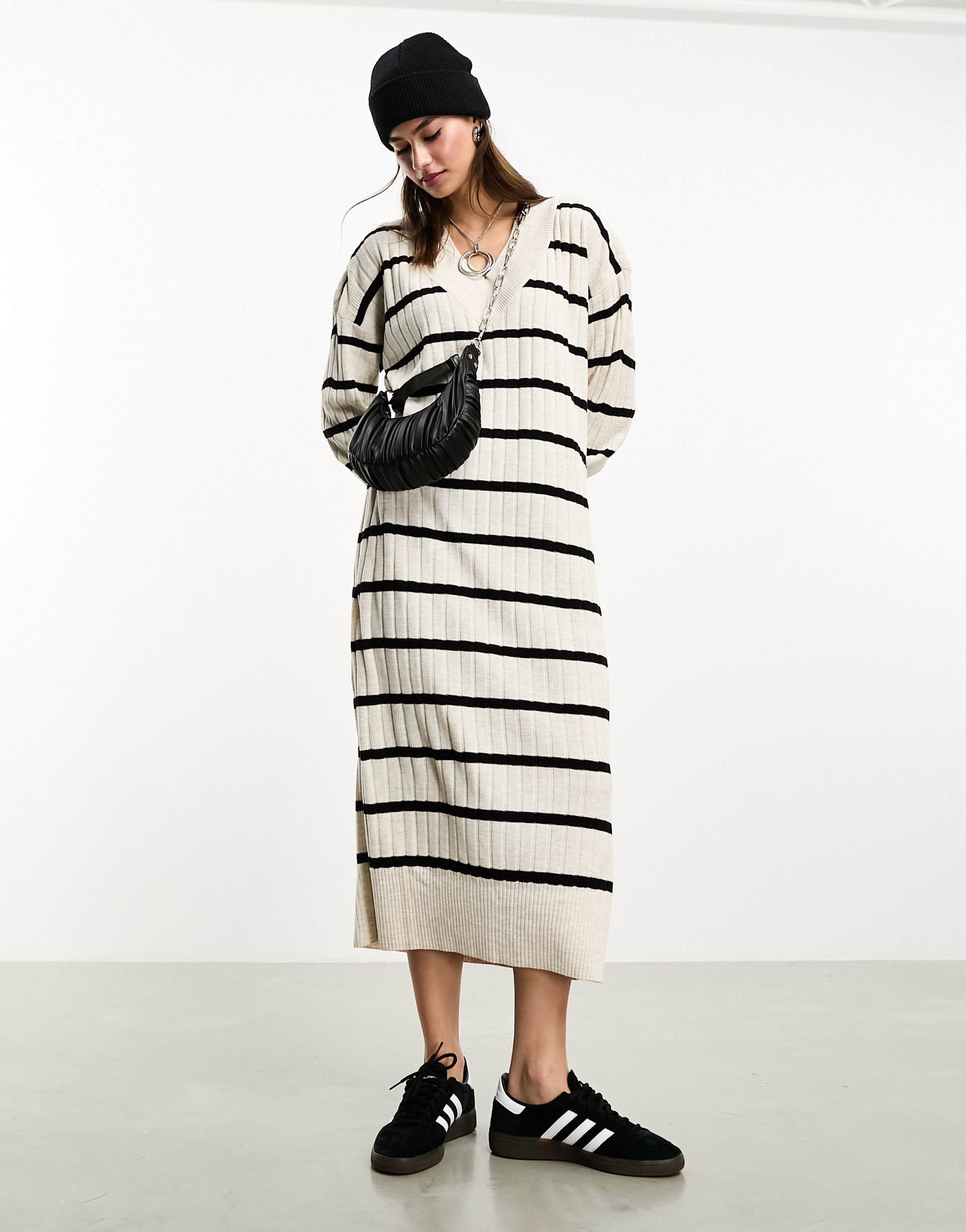 only knitted v neck midaxi dress in cream and black stripe