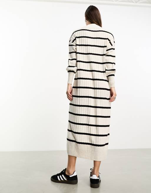 ONLY knitted v neck midaxi dress in cream and black stripe , 3 of 4