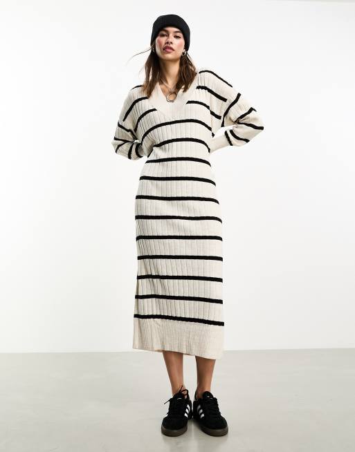 ONLY knitted v neck midaxi dress in cream and black stripe 