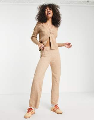 Beige High Rise Wide Leg Knitted Pants|215072803