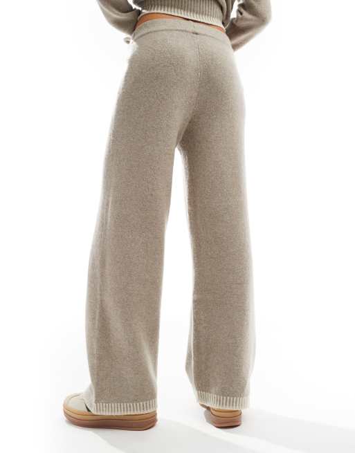 ONLY knitted wide leg trousers co-ord with stitch hem detail in beige, 4 of 5