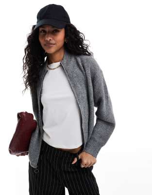 Only Knitted Zip Through Cardigan In Dark Gray Melange