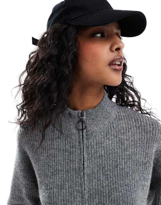 ONLY knitted zip through cardigan in dark gray melange