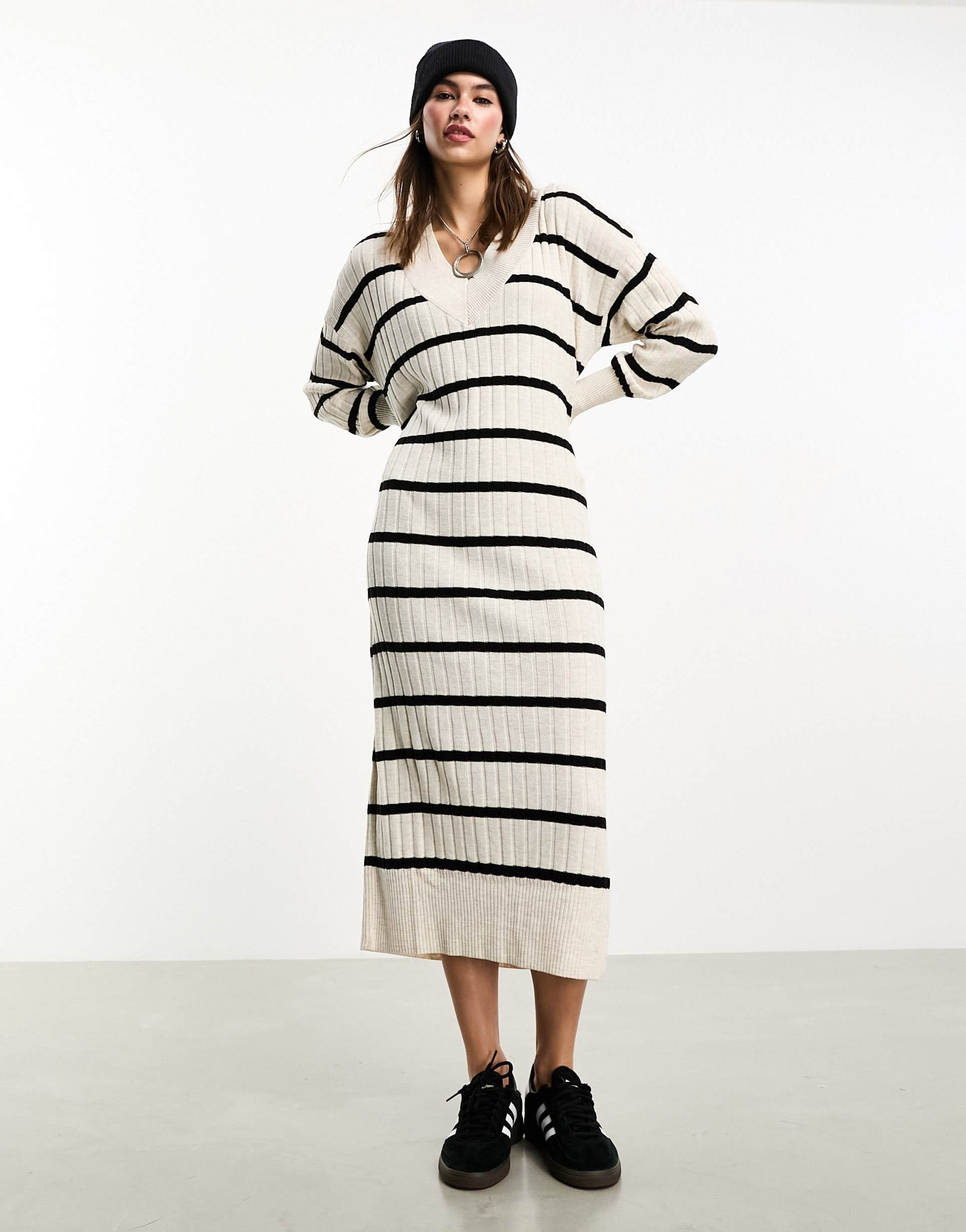 only knitv neck maxi dress in cream and black stripe