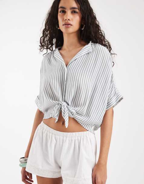 ONLY knot front cropped shirt in green stripes - view 1