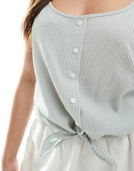 ONLY knot front cropped tank top in white & sage stripe, 2 of 4