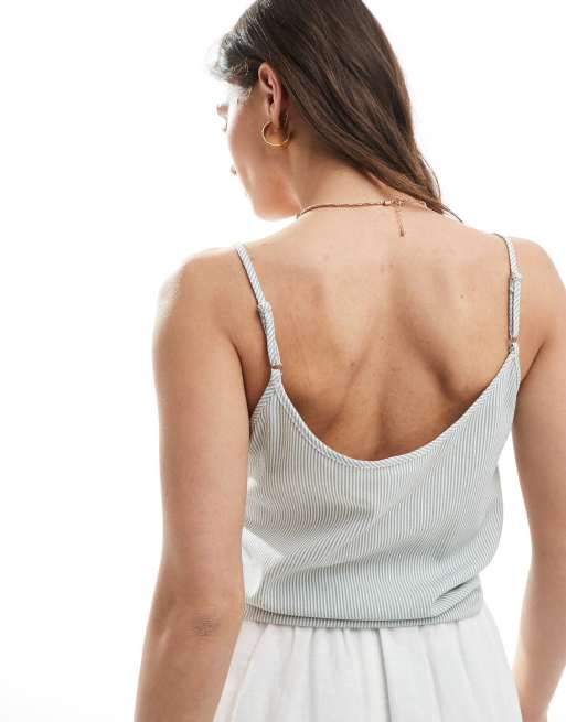 ONLY knot front cropped tank top in white & sage stripe, 4 of 4