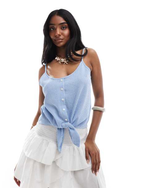 ONLY knot front cropped vest in white & blue stripe - view 1