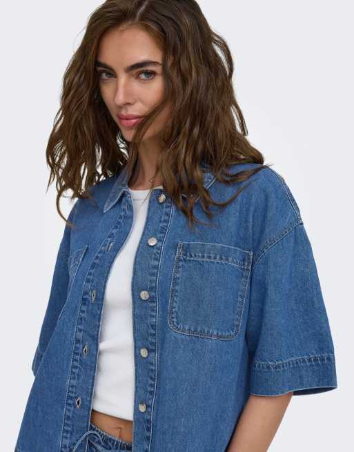 ONLY koszula jeansowa w średnim odcieniu niebieskiego denimu, 4 z 7