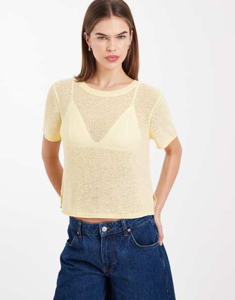 ONLY – Kremowy lekki T-shirt z ażurowej dzianiny - view 1