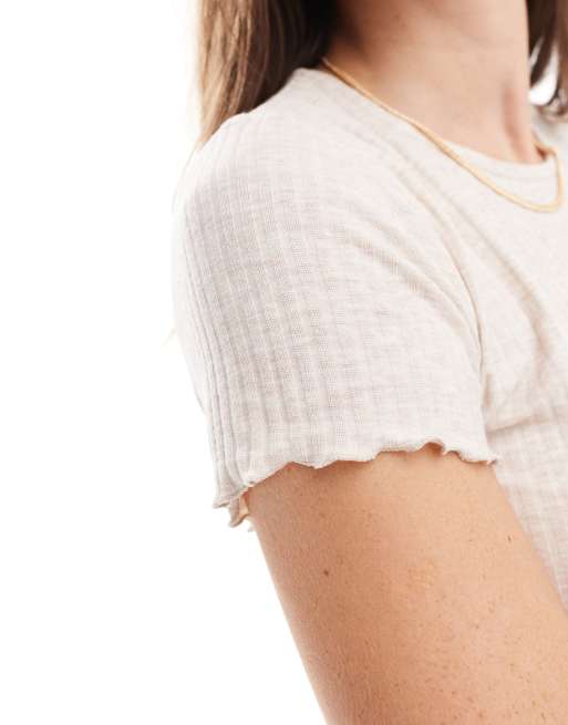 Only – Kurz geschnittenes T-Shirt in Stein mit Rollsaum , 2 von 4