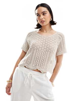 ONLY - Kurzärmliges Häkel-Oberteil in Beige-Neutral