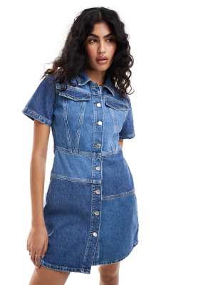 Only - Kurzärmliges Patchwork-Minikleid aus Denim in Blau