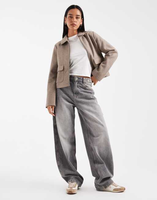 ONLY – Kurze Jacke im Woll-Look in Taupe mit durchgehendem Reißverschluss, 4 von 4