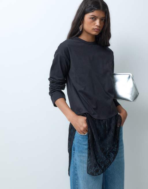 ONLY lace detail long sleeve top in black, 2 of 5