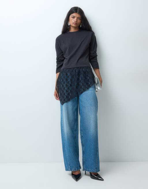 ONLY lace detail long sleeve top in black, 4 of 5