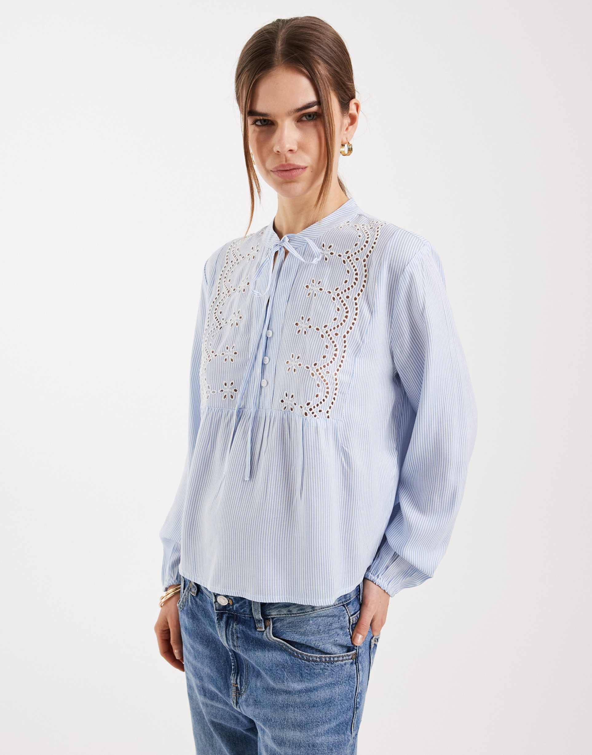 only lace detailing shirt in blue stripes