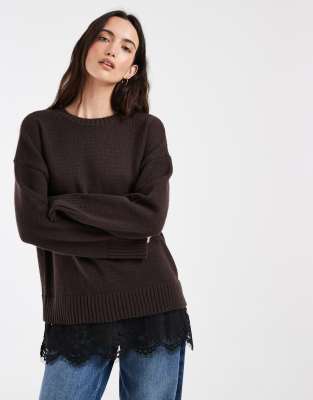Only Lace Details Knit Sweater In Brown