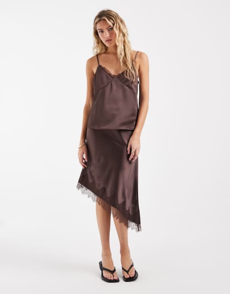ONLY lace details satin cami top & asymmetric satin lace midi skirt set in brown - view 1