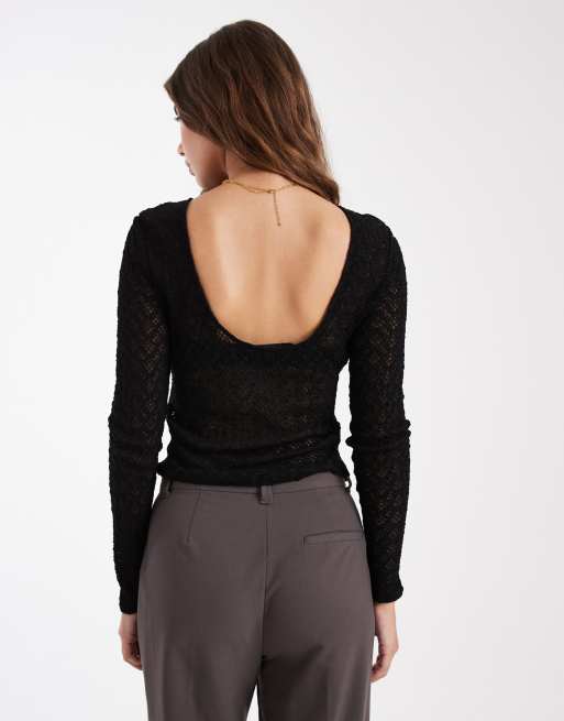 ONLY lace long sleeve scoop back top in black, 4 of 4