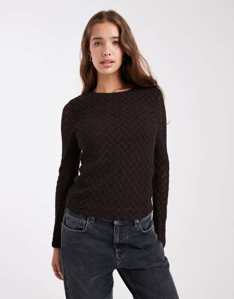 ONLY lace long sleeve top in brown - view 1