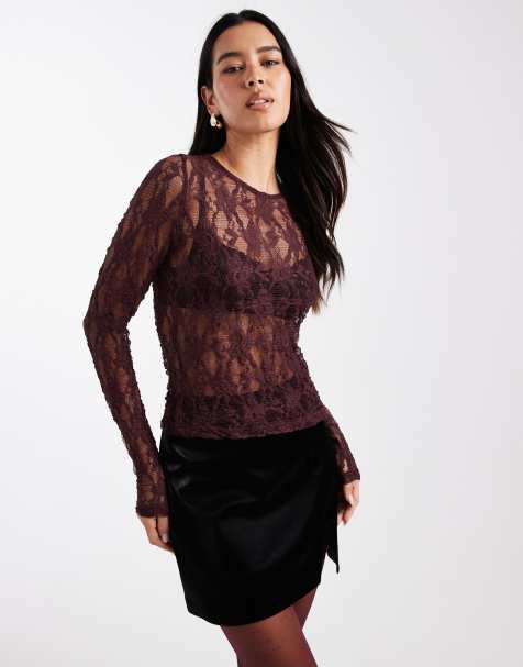ONLY lace long sleeve top in dark burgundy - view 1