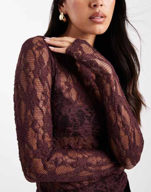 ONLY lace long sleeve top in dark burgundy, 3 of 4