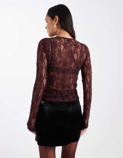 ONLY lace long sleeve top in dark burgundy, 4 of 4