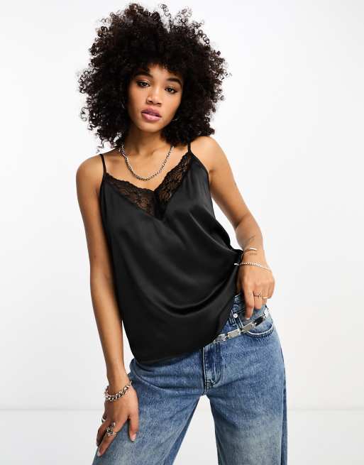 New Look crinkle lace trim cami top in black