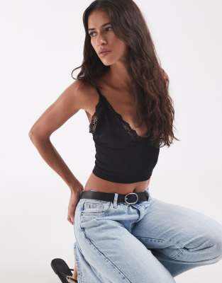 Only Lace Trim Cami Top In Black