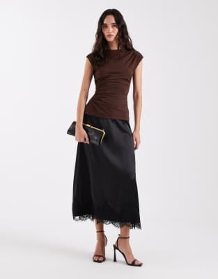 Only Lace Trim Satin Midi Skirt In Brown
