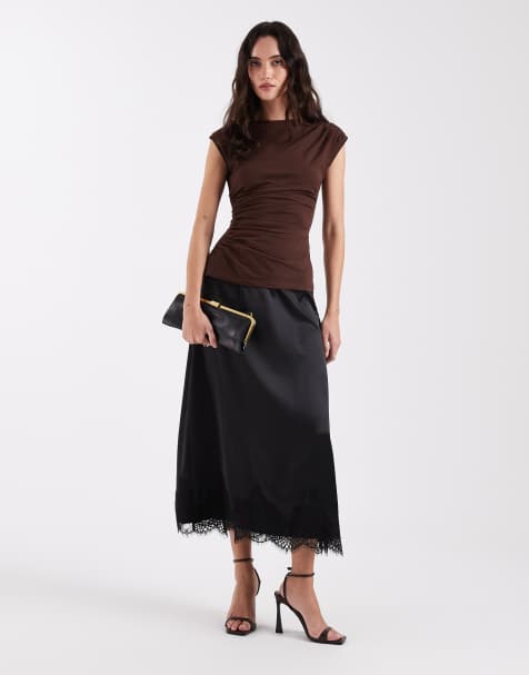 ONLY lace trim satin midi skirt in black - view 1