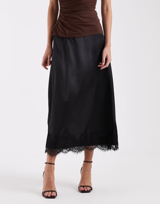 ONLY lace trim satin midi skirt in black, 2 of 5