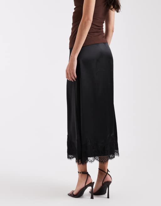 ONLY lace trim satin midi skirt in black, 5 of 5