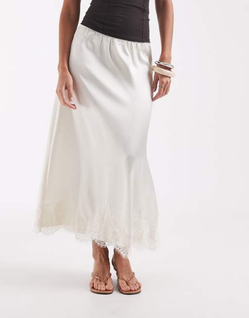 ONLY lace trim satin midi skirt in white, 4 of 5