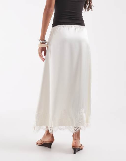 ONLY lace trim satin midi skirt in white, 5 of 5
