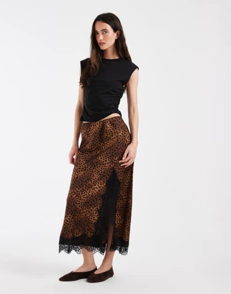 ONLY lace trim split maxi skirt in animal print - view 1