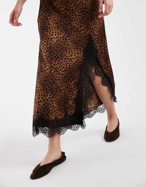 ONLY lace trim split maxi skirt in animal print, 3 of 5