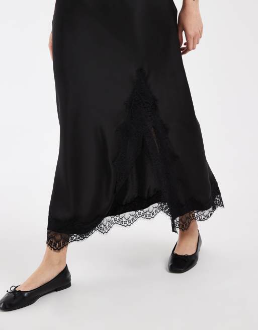 ONLY lace trim split maxi skirt in black, 4 of 5