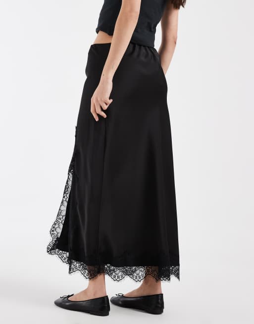 ONLY lace trim split maxi skirt in black, 5 of 5